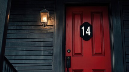 House number 14 in bold white font on a black plaque beside a vibrant red door illuminated by a classic porch lantern