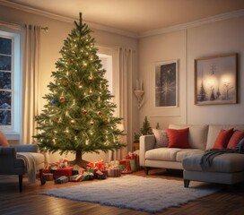 Spruce Christmas tree in a cozy living room with twinkling lights, winter wonderland decor, spruce tree, christmas tree lights