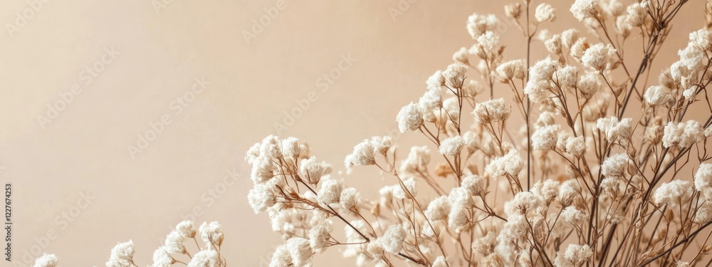 Poster dried white flowers gracefully arching on a soft pastel background creating an elegant space for tex
