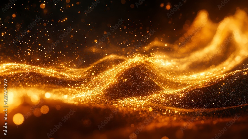 Poster abstract background with gold particles and dark background. the gold sparkles create a wave like pa