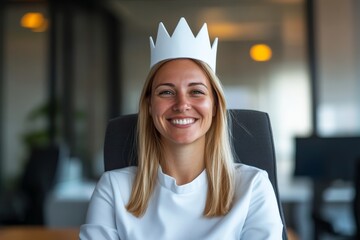 Woman in crown smiling in modern office setting during daytime with natural light