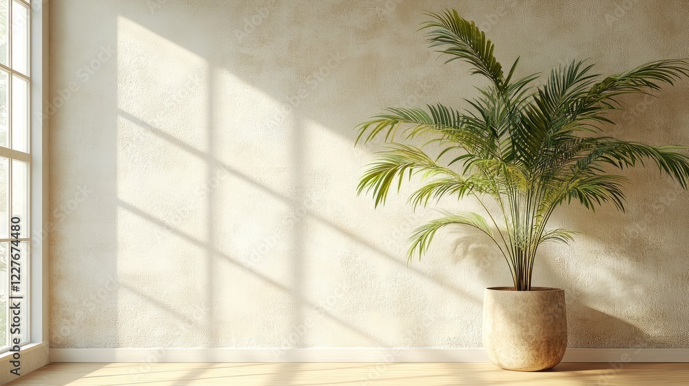 Poster minimalist indoor setting with palm tree and textured wall natural light casting shadows relaxing tr