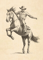 Cowboy riding a bucking bronco in a rodeo