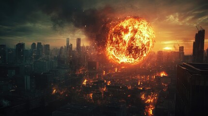 Fototapeta premium Dystopian Cityscape with Explosive Fireball and Dark Skies Depicting a Technological Catastrophe and Urban Destruction