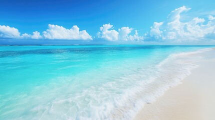 Obraz premium Tranquil Turquoise Ocean Waves with White Sand Beach Under Bright Blue Sky Ideal for Summer Travel and Tropical Destinations