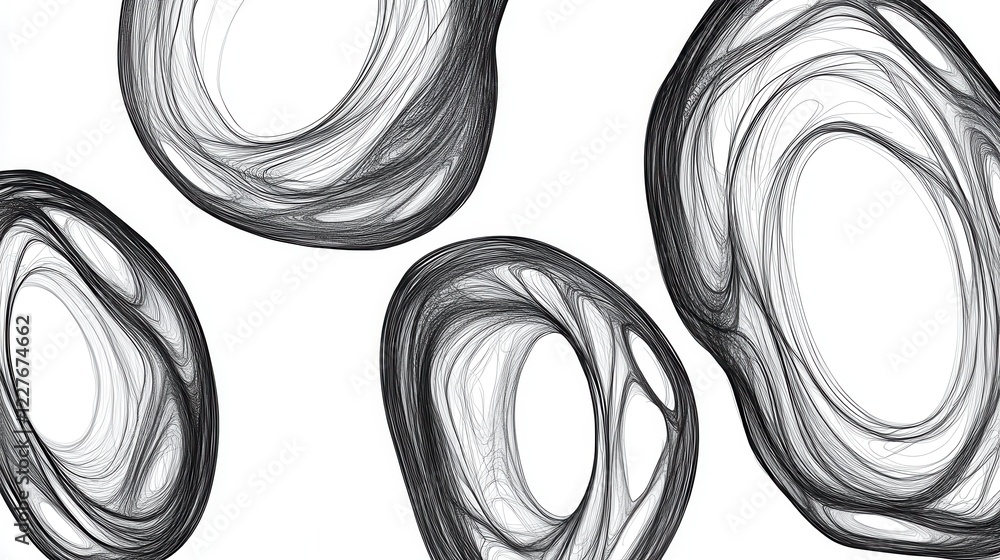 Poster abstract grayscale illustration featuring multiple overlapping circular shapes with textured, hand d