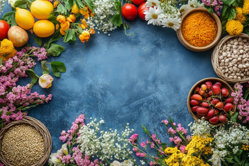 Traditional haft seen table arrangement for nowruz, featuring symbolic foods, flowers, and decorations against a blue background copy space