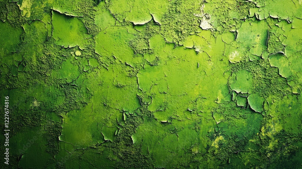 Poster vibrant green peeling paint texture on aged wall creating a retro background with ample space for te