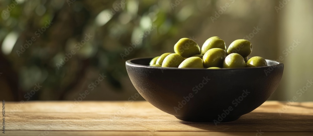 Poster a black bowl of green olives on a wooden table with soft focus background and empty space for text o