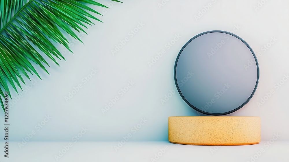 Poster modern minimalist display with round mirror and palm