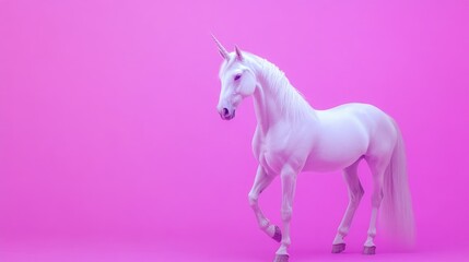 Fototapeta premium Majestic white unicorn against a vibrant purple backdrop embodying a fairytale theme with ample copyspace for creative use
