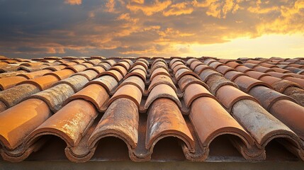 Traditional Terracotta Roof Tiles Under Dramatic Sky at Sunset