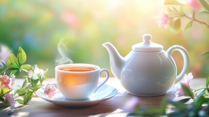 Fototapeta premium Organic Tea in White Cup with Teapot Surrounded by Nature and Flowers on Soft Bright Background