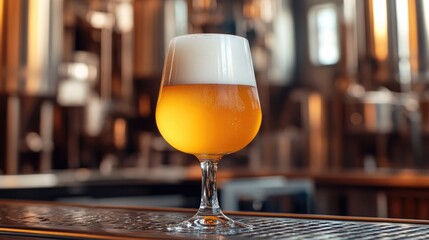 Tall glass of golden beer with foam on bar top in brewery interior autumn setting inviting beer tasting and brewery tour experiences
