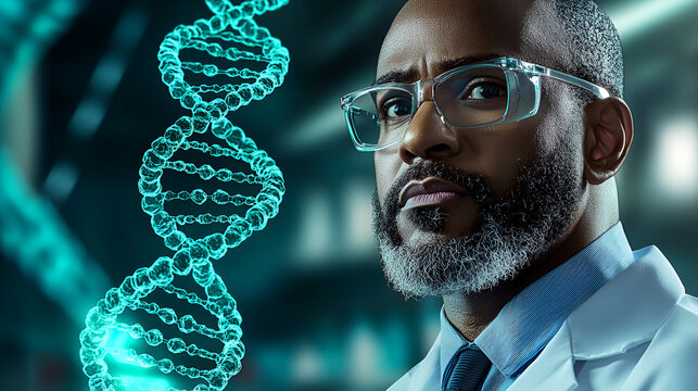 Biotech future, glowing DNA helix holograms, doctor analyzing virtual chromosomes, sleek neon medical lab