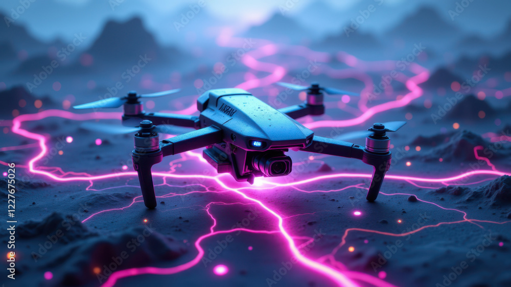 Poster drone hovering above lava with a futuristic background.