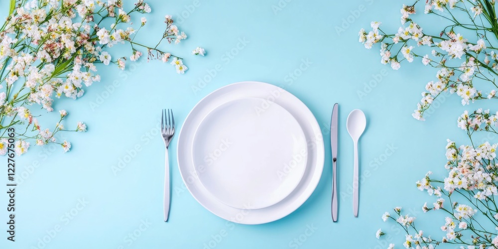 Poster elegant easter table setting with spring flowers on sky blue background minimalistic modern style wi
