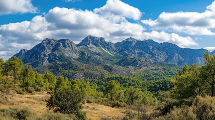 Obraz premium Majestic Mountain Range Surrounded by Lush Greenery Under a Bright Blue Sky with Fluffy Clouds in a Scenic Outdoor Landscape