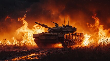 Dramatic Battle Moment Featuring Tank and Flames