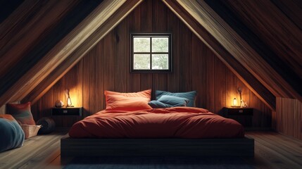 Cozy loft bedroom with double bed and soft cushions highlighting a warm wooden interior and decorative accents for serene relaxation.