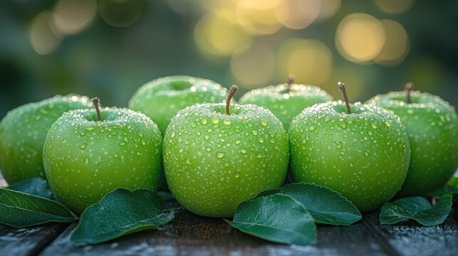 Dewy green apples orchard sunset food blog