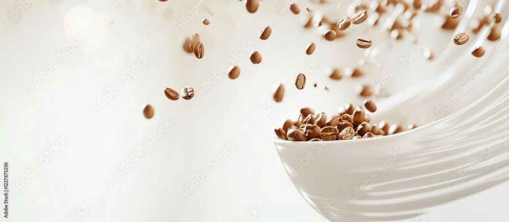 Poster coffee beans cascading into a white cup with a minimalist background perfect for advertisements or e
