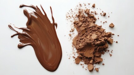 Fototapeta premium Melting chocolate and cocoa powder on a clean white background highlighting rich textures and culinary potential