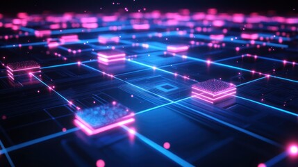 Fototapeta premium Abstract grid of glowing pink blocks and lines forming a network pattern for a digital background use