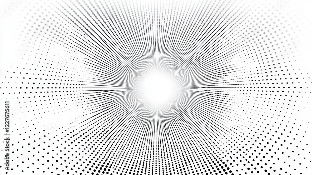 Poster abstract grayscale image featuring a radiating pattern of small squares and dots, creating a sense o