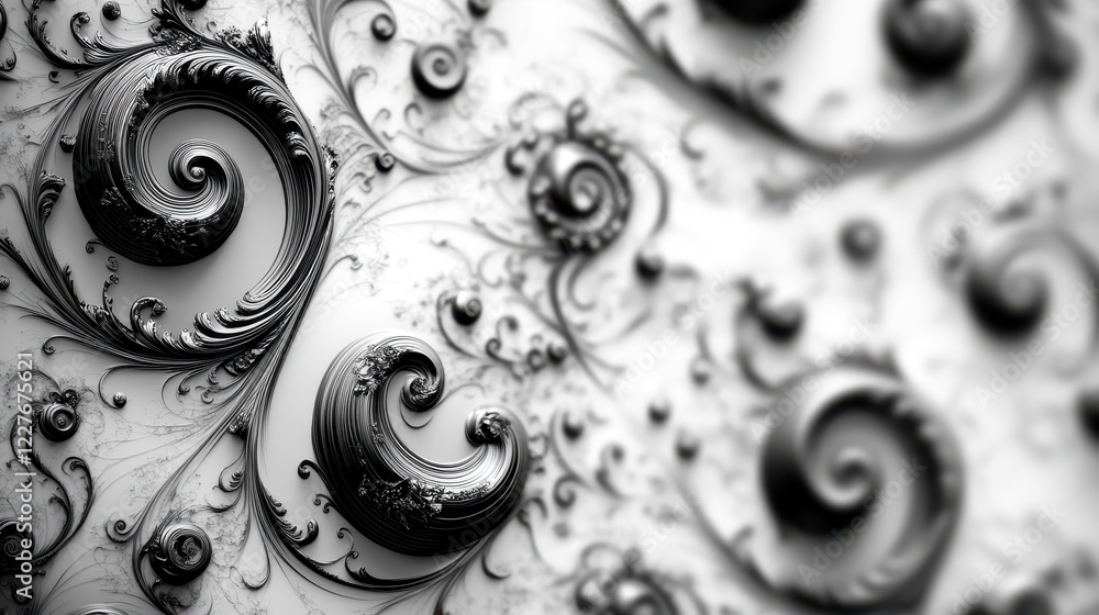 Poster abstract grayscale image featuring intricate swirling patterns, textured surfaces, and a blend of da