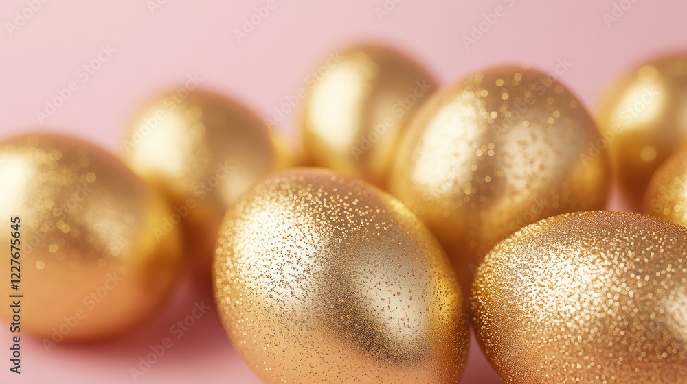 Poster Close up of shiny golden Easter eggs with varied textures on a soft pink pastel background featuring ample space for text and design elements
