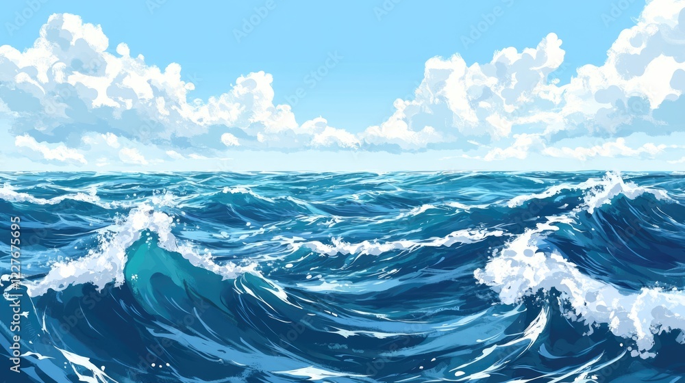 Poster scenic ocean waves under a bright sky with fluffy clouds creating a tranquil horizon view on a sunny