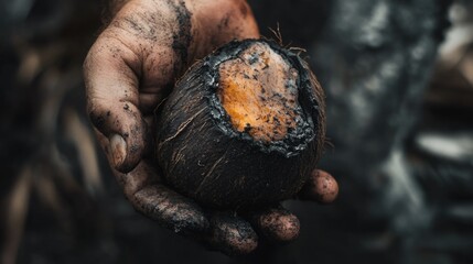 Hand holding a charred coconut showcasing cracked surface and earthy textures against a blurred natural background.