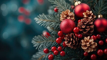 Fototapeta premium Christmas flat lay arrangement with festive decorations including ornaments pine cones and berries on cool toned background with copy space
