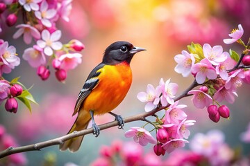 Baltimore Oriole on Pink Blossom Branch - Double Exposure Bird Photography