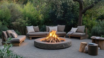 Fototapeta premium Cozy Outdoor Fire Pit Area with Comfortable Seating for Social Gatherings and Relaxation in a Natural Setting