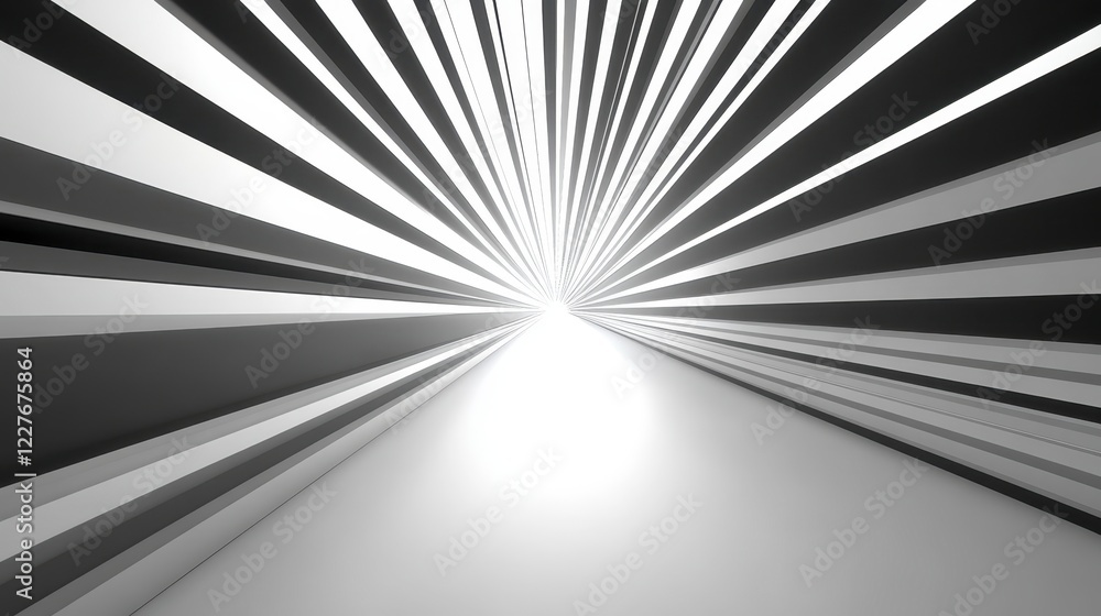 Poster abstract grayscale image depicting a tunnel or corridor with radiating lines converging towards a br