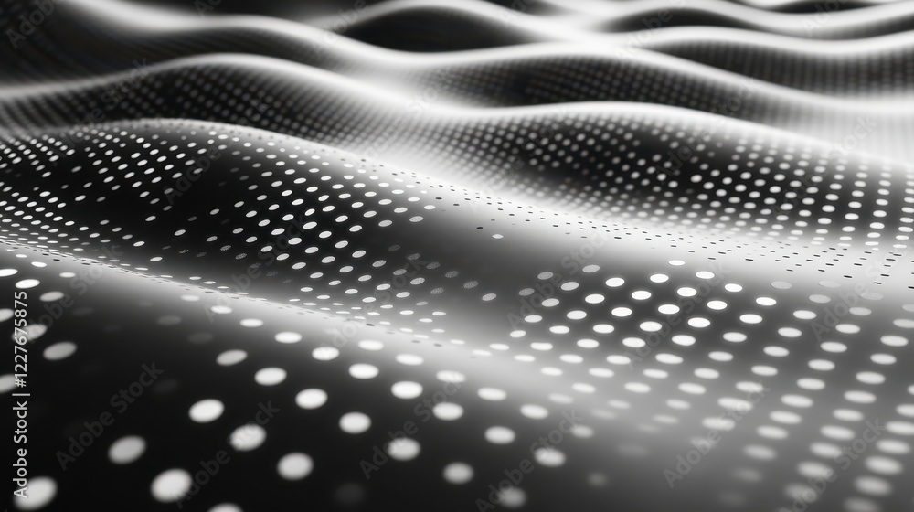 Poster abstract grayscale image of undulating surface dotted with varying sizes of white circles, creating 