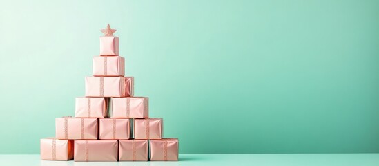 Minimalist rose gold gift boxes arranged as a pyramid resembling a Christmas tree against a pastel green background for festive celebrations.