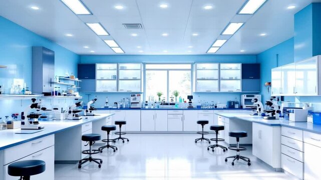 Modern scientific laboratory in blue and white colors. Clean medical research facility with microscopes and equipment. Professional workspace for analysis and experiments