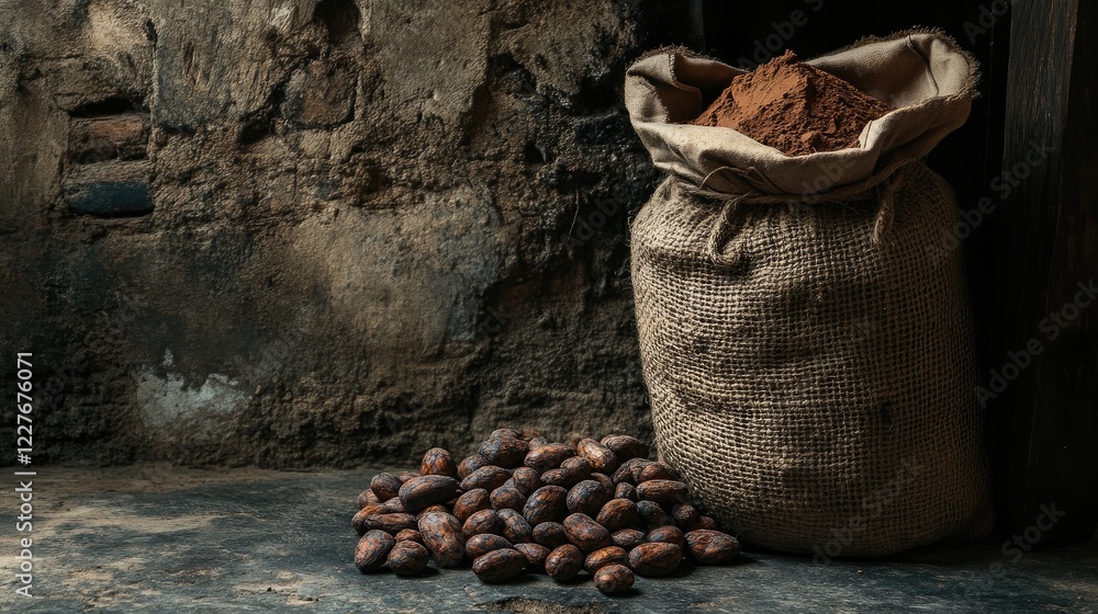 Poster organic cocoa powder in a bag displayed beside raw cocoa beans on a rustic surface emphasizing natur