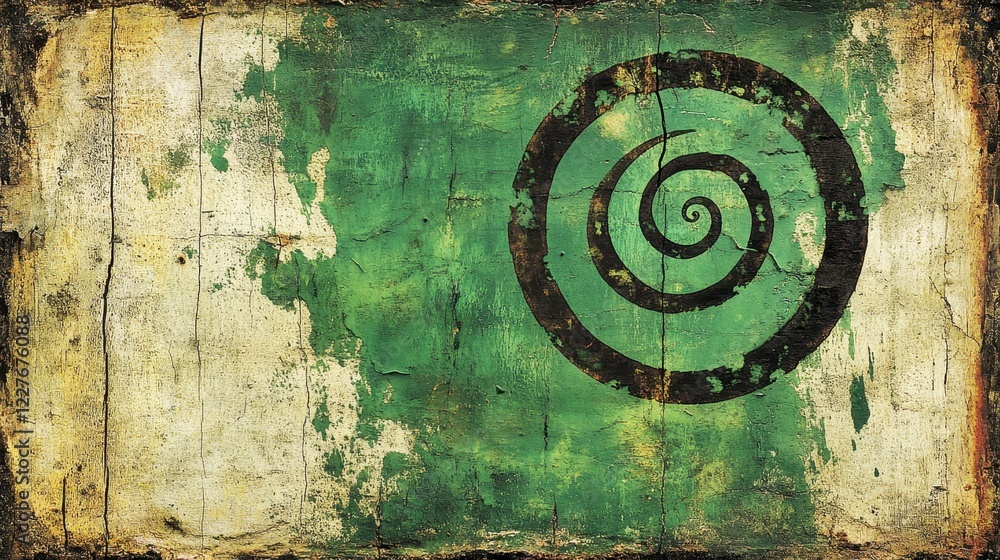 Poster abstract grunge background with a dark green spiral motif on a textured, aged surface. the design fe
