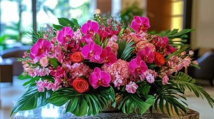 Fototapeta premium Exquisite tropical orchid bouquet displaying vibrant pink and red petals in a luxurious lush setting embodying natural beauty and elegance.