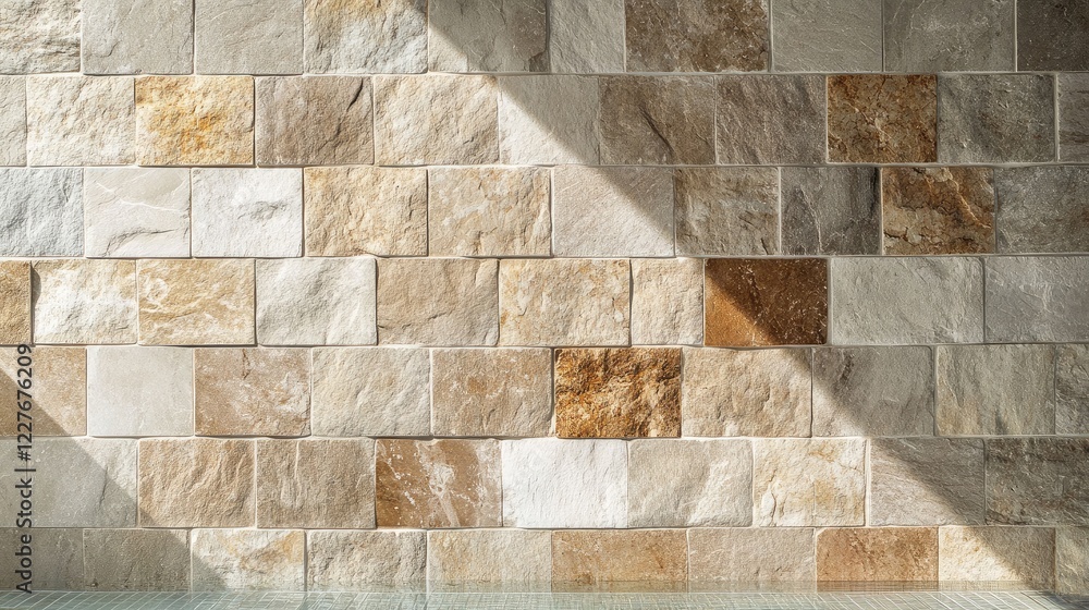 Poster natural stone tiles with varied textures and colors creating a harmonious wall pattern illuminated b
