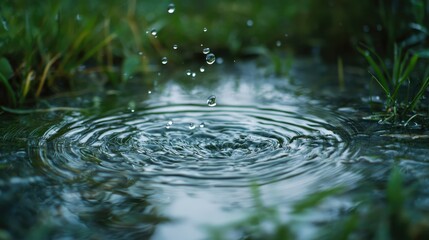 Macro shot of water drop creating ripples on green surface symbolizing nature's beauty and the importance of environmental conservation