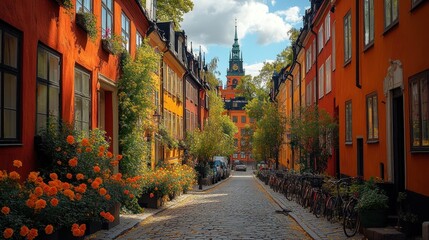 Obraz premium Charming European Street with Colorful Buildings and a Church in the Distance