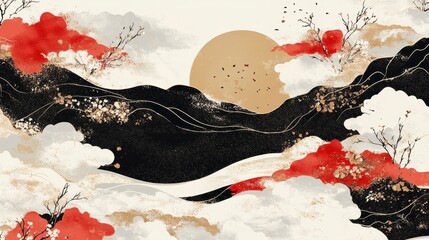 Abstract landscape painting with black mountains, red and white flowers, gold sun, and textured clouds. Soft lighting creates a serene atmosphere
