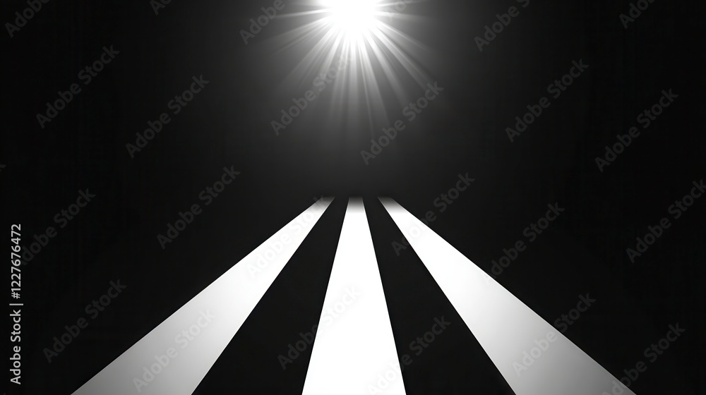 Poster abstract monochrome image featuring three parallel white lines converging toward a bright light sour