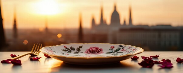 A beautifully set table with a floral plate and fork, framed by a stunning sunset and city skyline in the background.