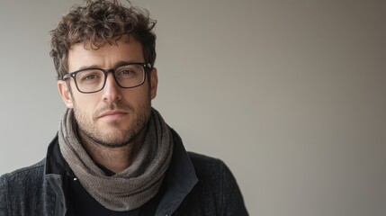 Obraz premium Stylish man wearing glasses, scarf, and jacket with a neutral background, exuding confidence and sophistication in a modern urban setting